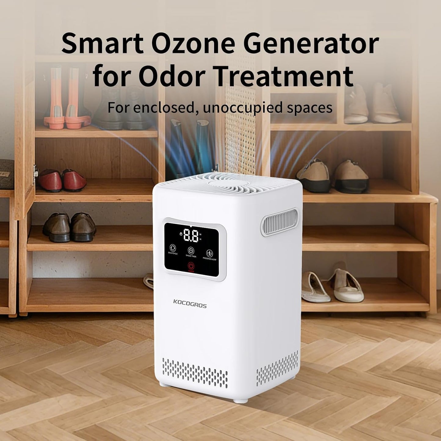 Odor Treatment Device with Daily Cycle, Single Timer and Presence Alert, for Enclosed Unoccupied Spaces