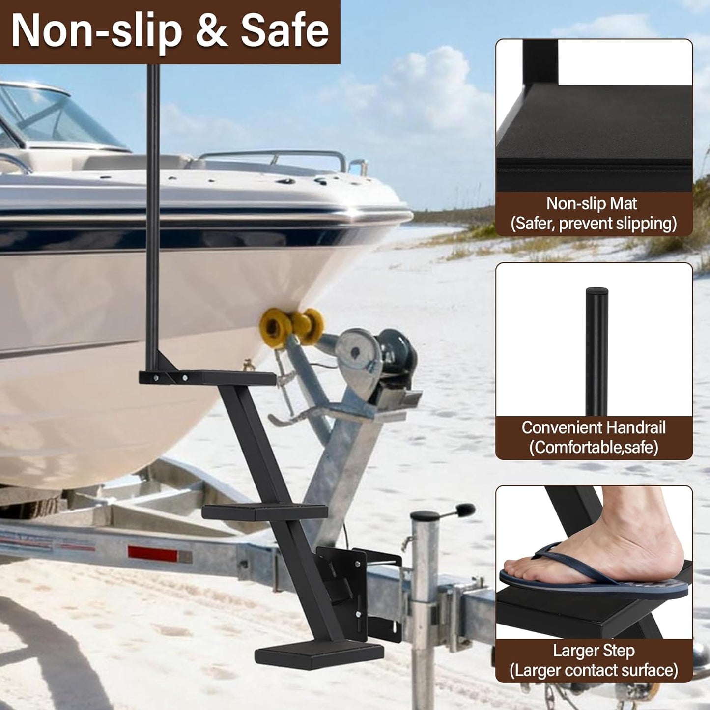 Boat Trailer Steps 3 Step with Anti-Slip Mat & Safety Handrail, Universal Fit Boat Trailer Tongue Steps, Heavy Duty Boat Steps, Easy Installation