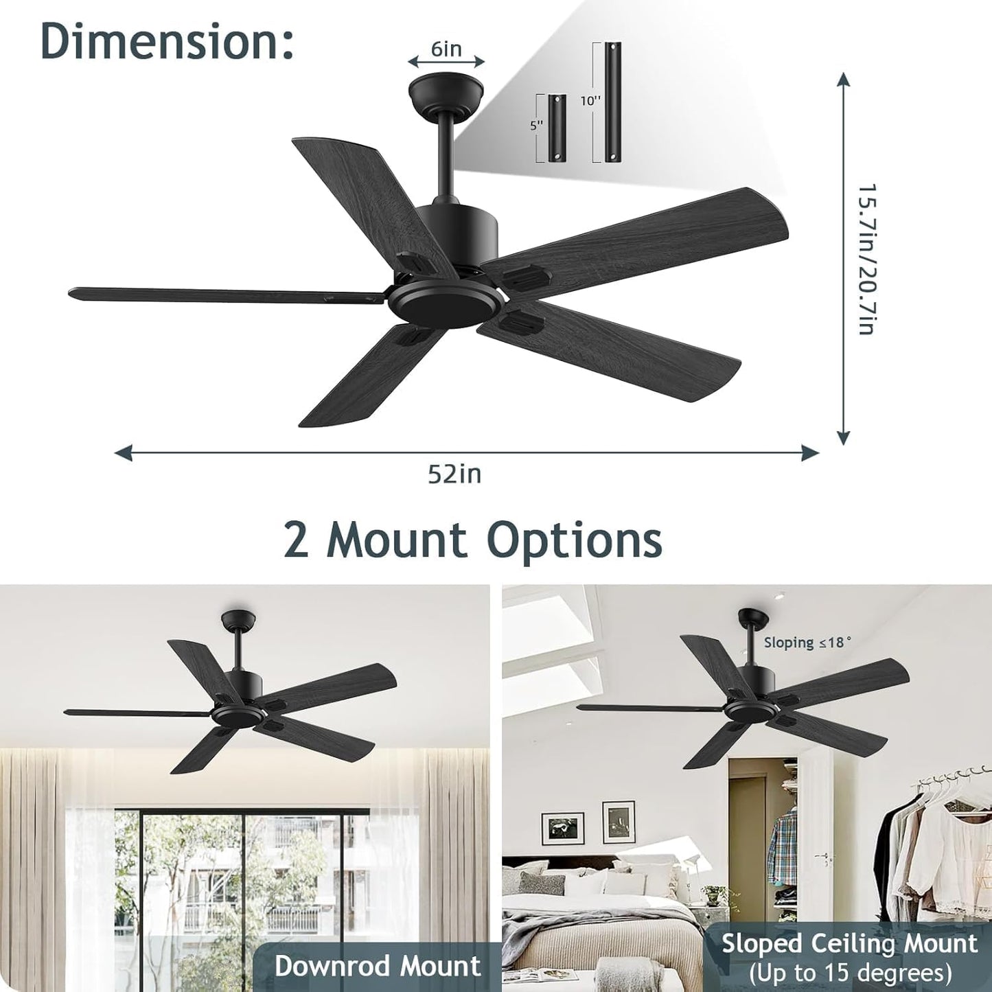 Biukis Ceiling Fan and Light 52 Inch Ceiling fans with Smart Remote Reversible DC Motor 6 Speed 5 Blades Fan for Outdoor P