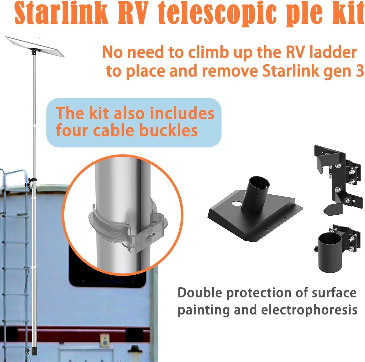 Starlink Gen 3 RV Ladder Mounting KitsTelescopic 11ft Pole with Starlink (GEN 3 / V3) Adapter and RV Ladder Mounting Bracket Kit - Fits 0.5 to 1.2