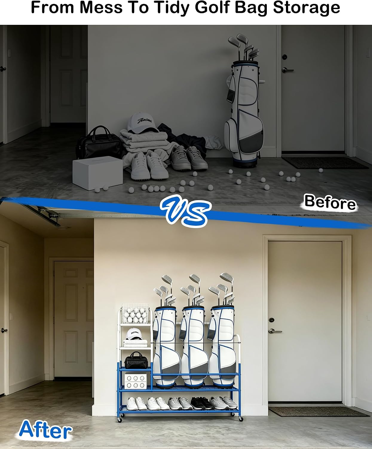 Golf Bag Storage Garage Organizer for 3 Bags, Golf Storage Rack with Wheels | 50% More Space Multi-Zone, All-In-One Compact 5-tier Upscale Sporty Heavy-Duty Rack, 4 360° Casters,Movable Basket,Golf Gifts 3 Golf Bag Rack丨50.4"(L)x15.8(W)"x44.6"(H)