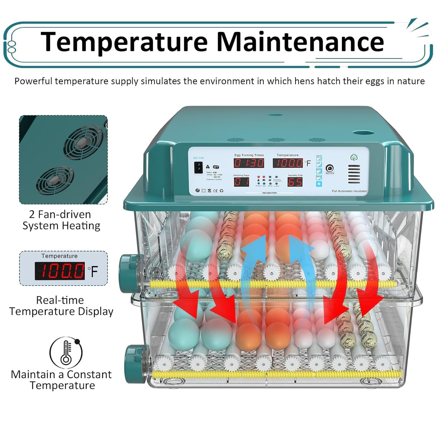 Incubators for Hatching 120 Eggs, Egg Incubator with Automatic Egg Turning and Humidity Monitor, Temperature Control, 5 Automatic Incubation Modes