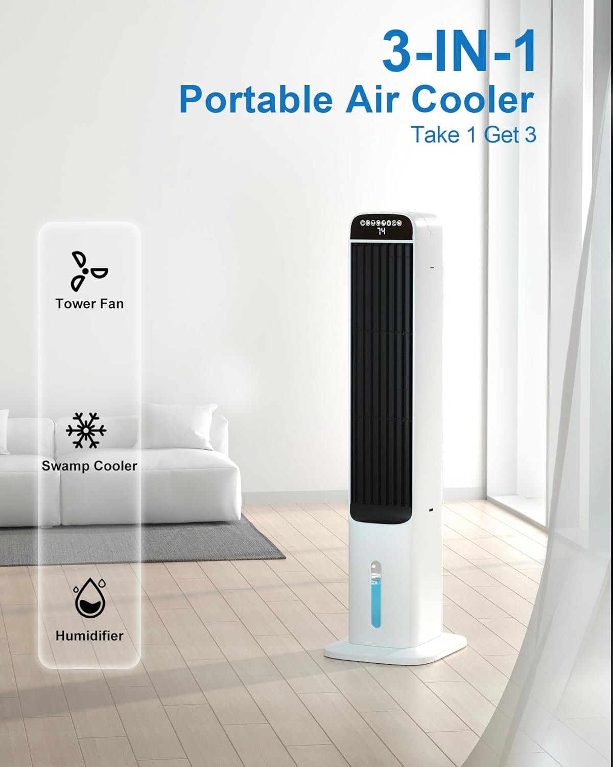 41 Cooling Fan, MEPTY Air Cooler with 4 Ice Packs, Top & Bottom Water Refilling, 3 Speeds 3 Modes, 12H Timer, for Room, Office