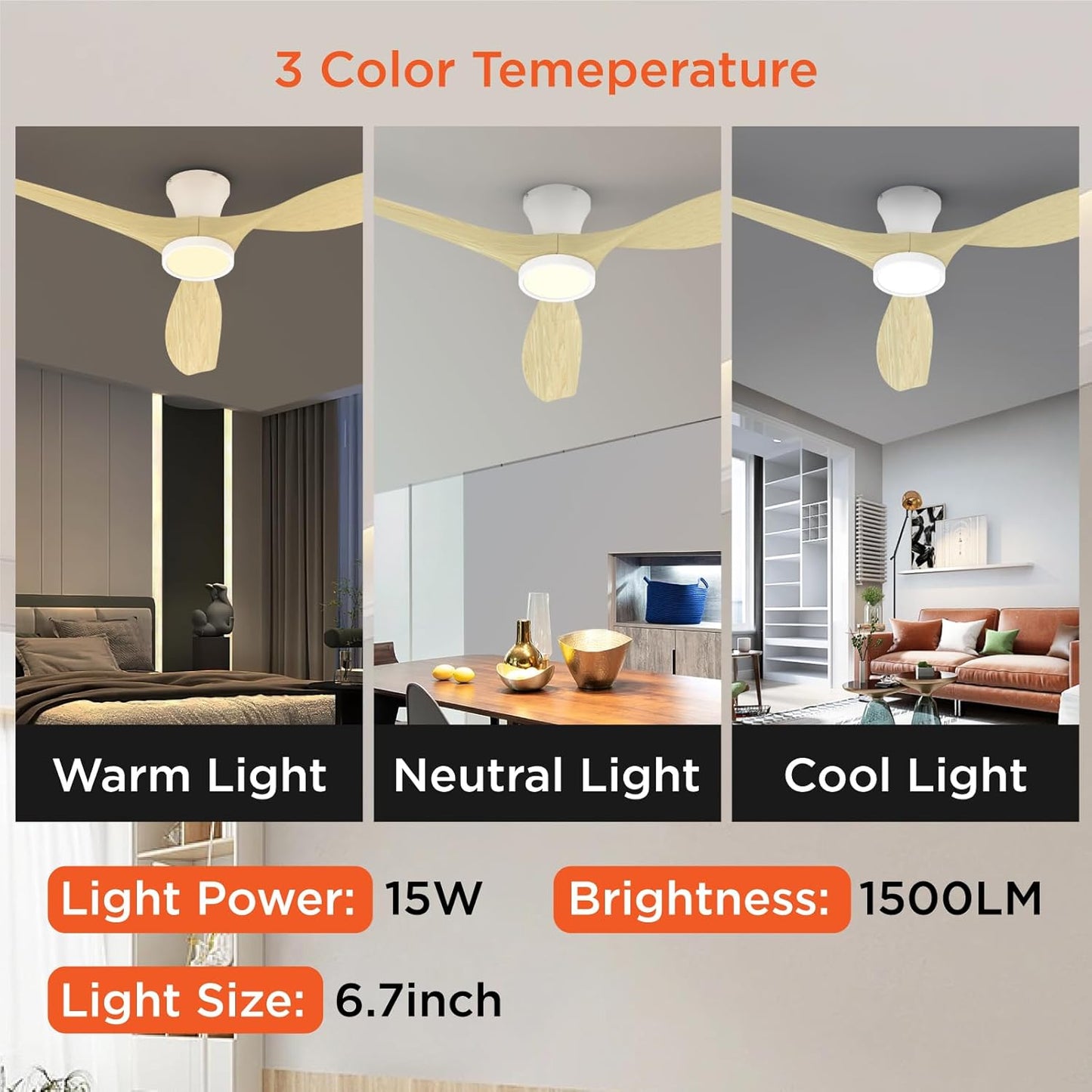 TALOYA Ceiling Fans with Lights and Remote, 52 inch Low Profile Ceiling Fan with 3 Blades,Reversible DC Motor Ceiling Fan for Be