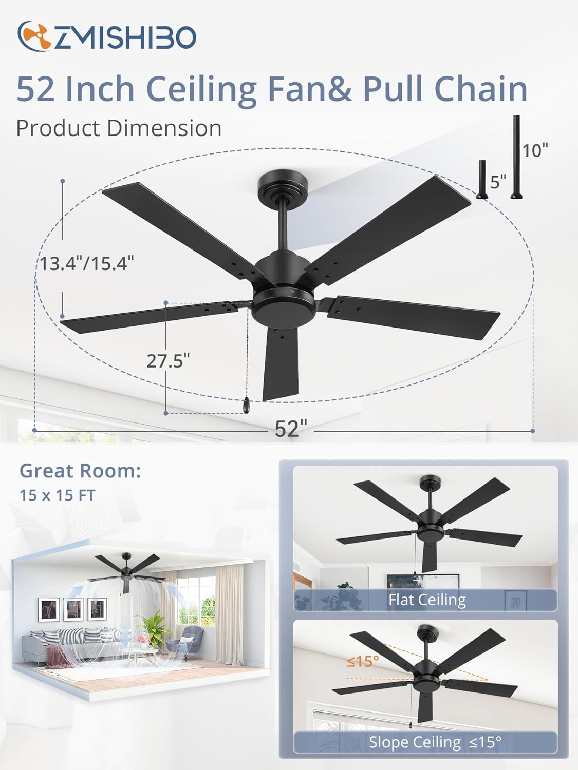 ZMISHIBO 52 Inch Ceiling Fan No Light with Pull Chain, Modern Ceiling Fan without Lights, 6-Speeds, Quiet DC Motor, Remote Control, Black Ceiling Fan for Bedroom, Living Room, Indoor/Outdoor Use Black 52 Inch