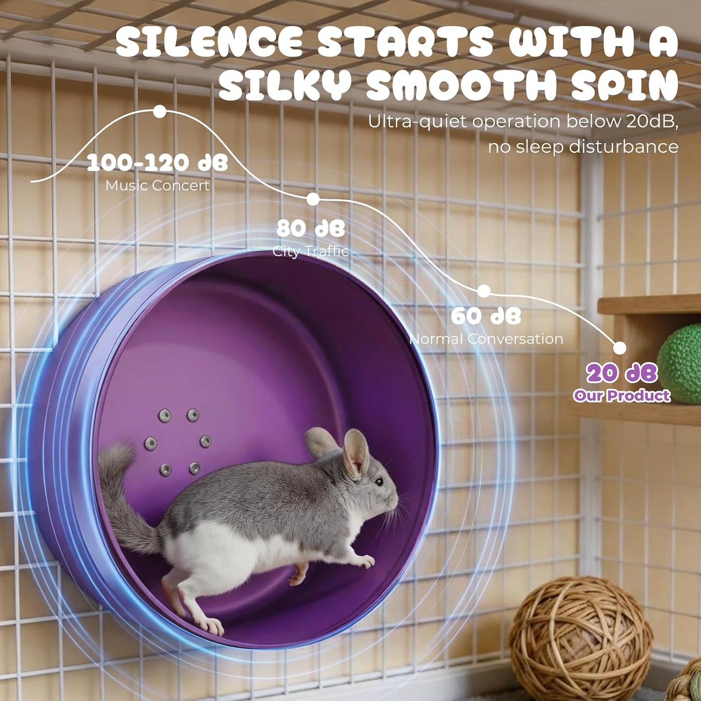 15" Silent Chinchilla Running Wheel, Aluminum Alloy Noiseless Exercise Wheel, Small Animal Running Wheel, Ultra Smooth Bearing, Large Comfort Wheel for Chinchilla, Hamster, Hedgehog &Small Pets,Purple