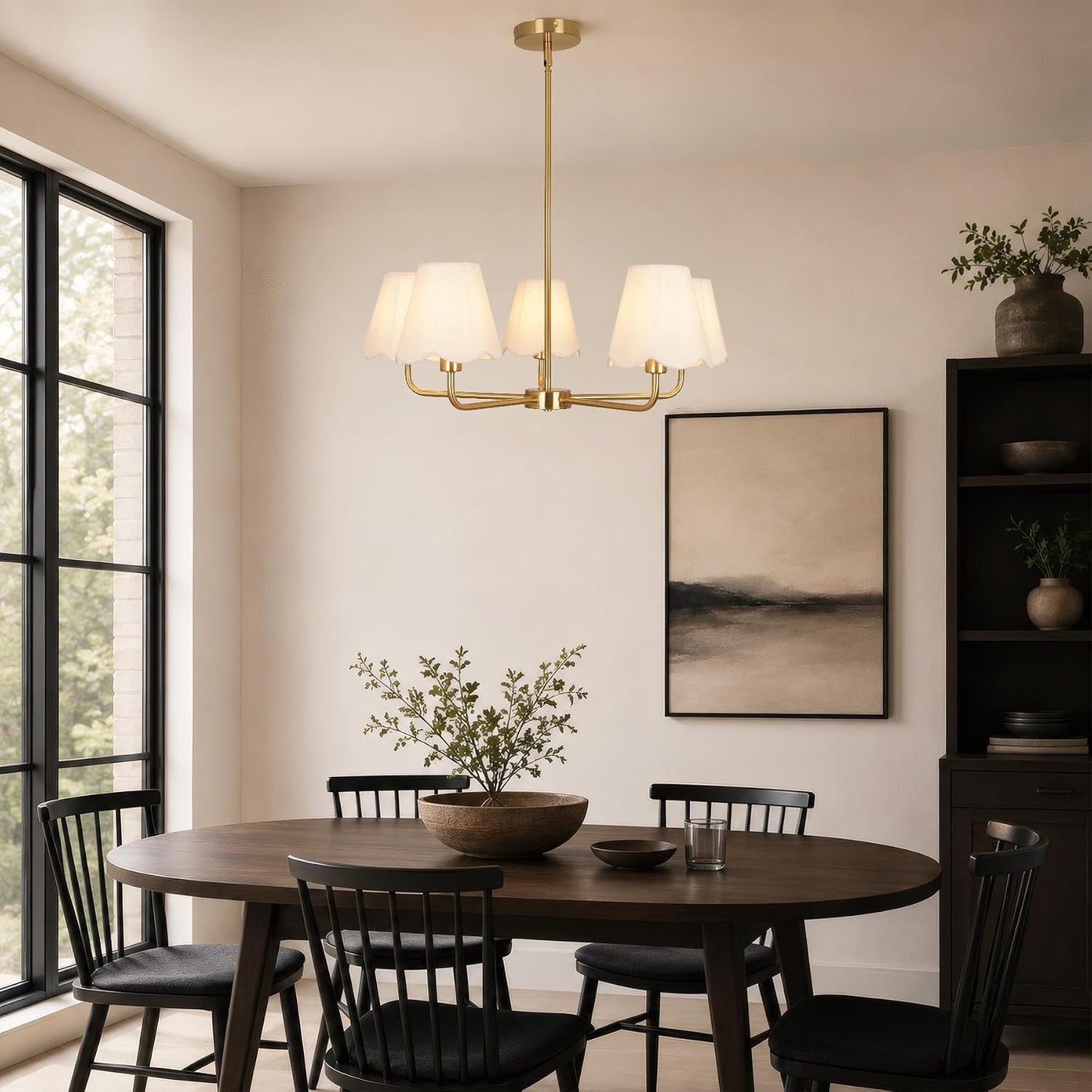Fandian Brass Gold Chandeliers for Dining Room, 5 Light Antique Modern Chandelier Light Fixture with White Fabric Shade, Classic Kitchen Pendant Lights Over Table for Living Room Bedroom Foyer