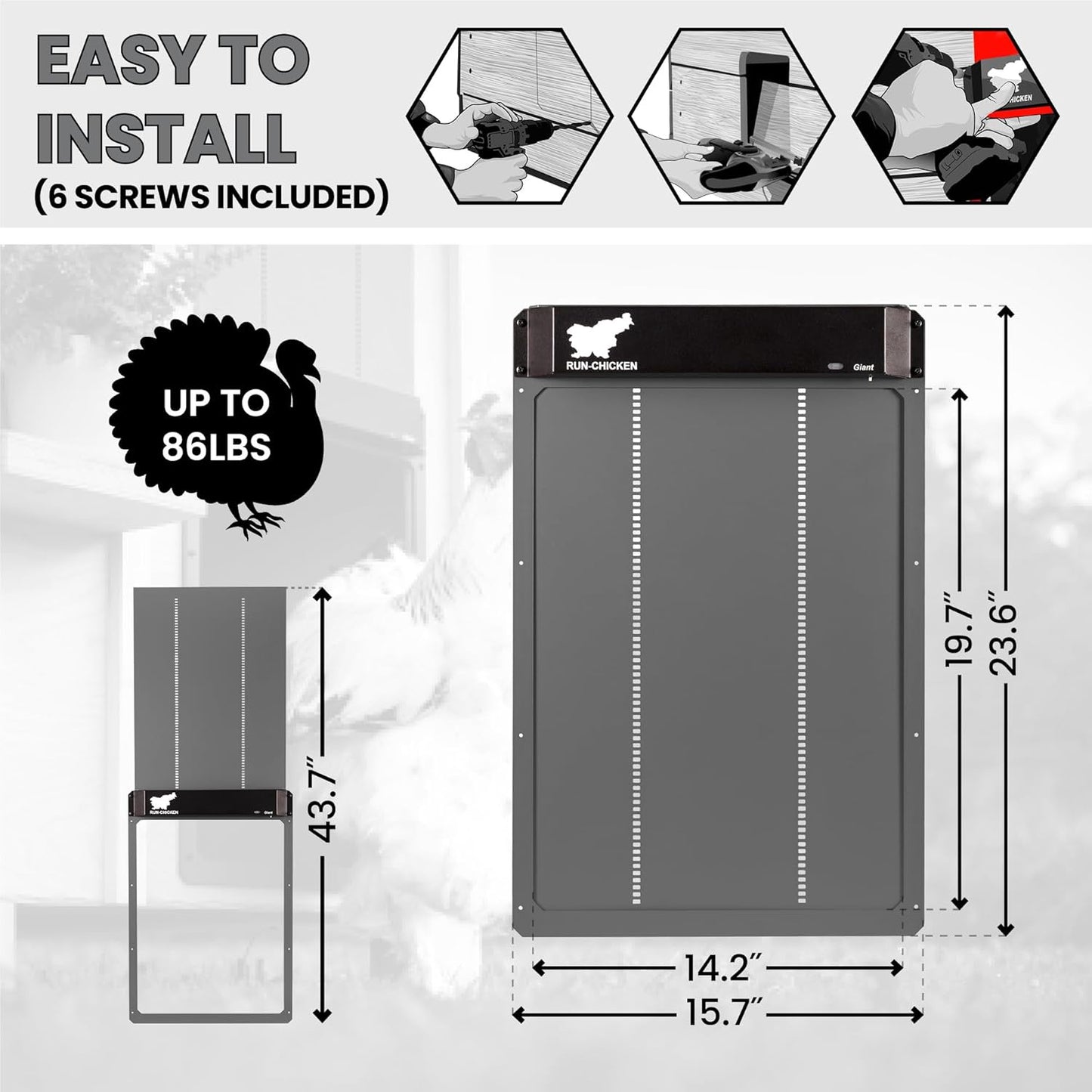 RUN-CHICKEN Door (Gray) Giant for Large Poultry, Turkey Coop Door, Battery Powered, Large Size Automatic Coop Door, Full Aluminum Automatic Chicken