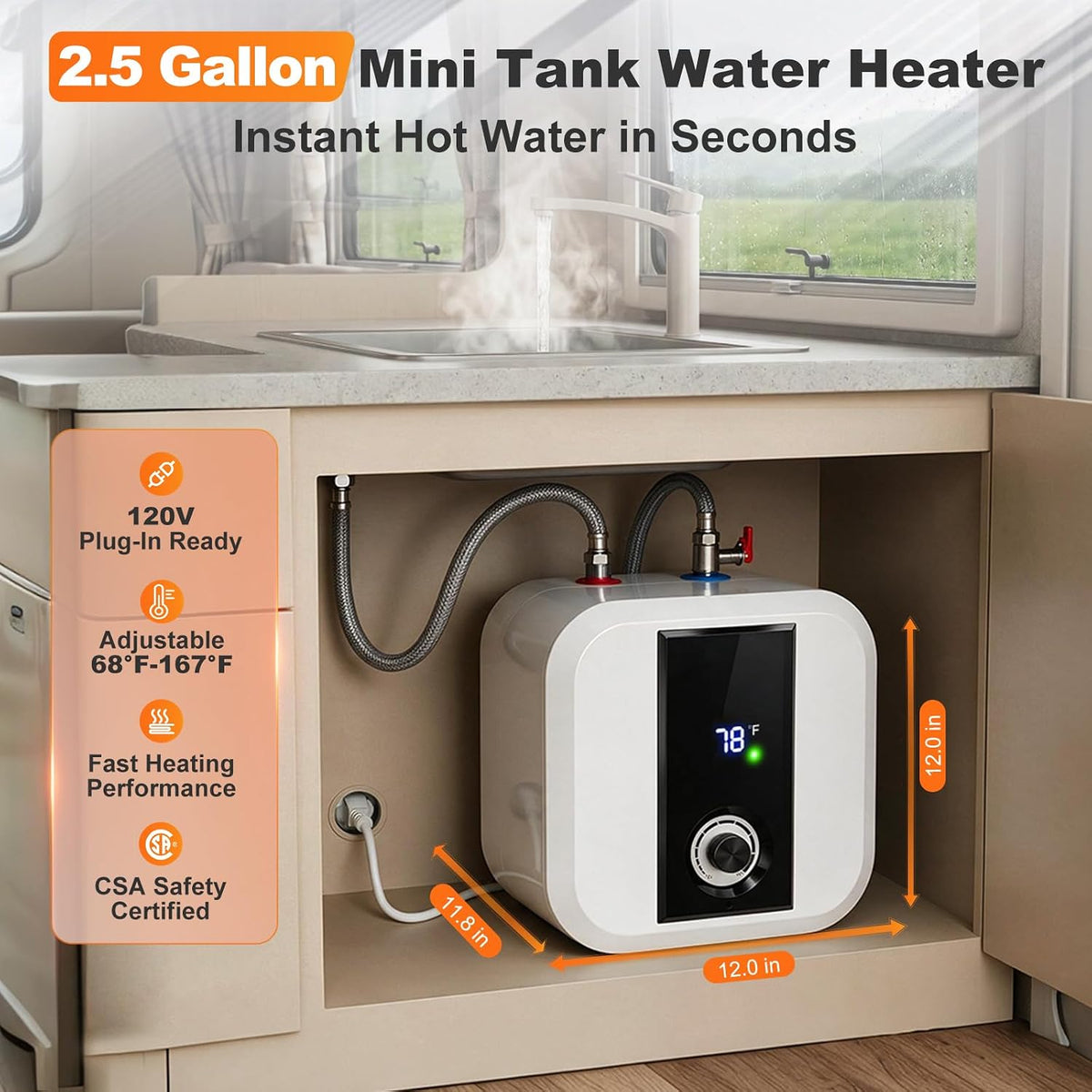 10L Under-Sink Water Heater, 2.5-Gal Electric Tank Water Heater