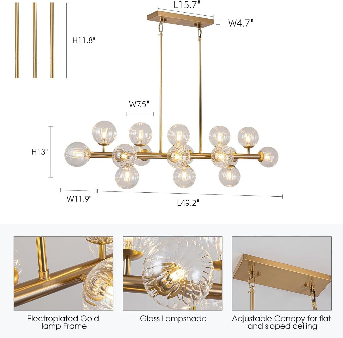 Wndtu Modern Chandelier Gold Linear Rectangle Chandelier Luxuly Pendant Ceiling Light Fixture for Dining Living Room Kitchen Island 16-Light