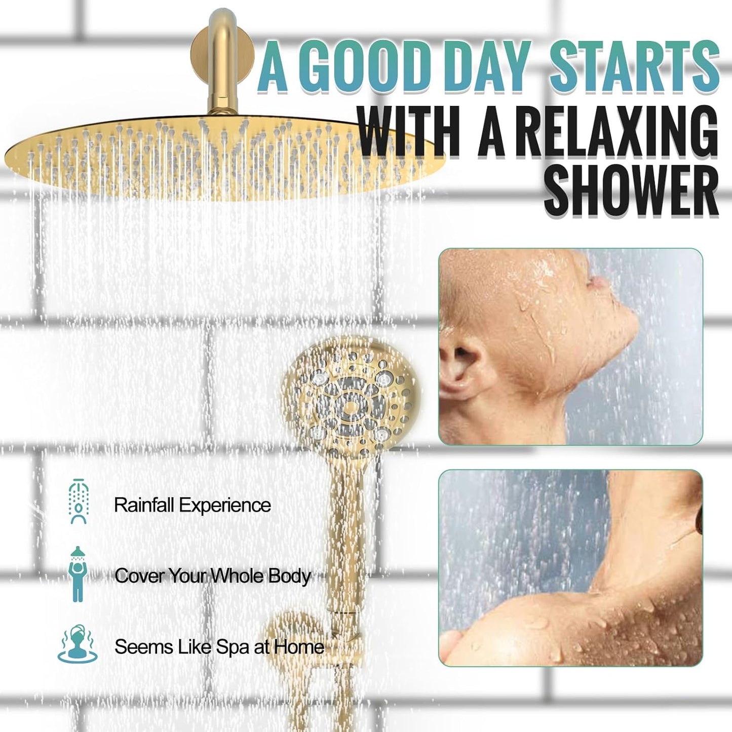 SR SUN RISE Shower System, 12 inch Multifunction Shower Faucet Set, 6 Setting High Pressure Handheld Rain Shower Head Kits, Valve Included - Push