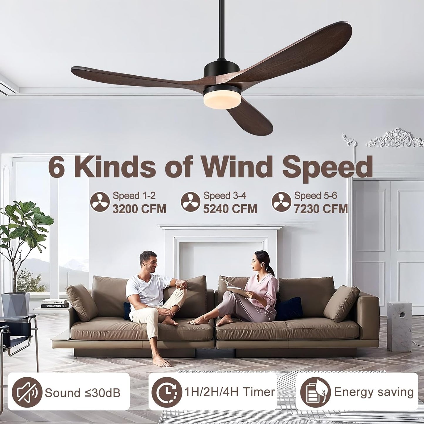 Eliora 54 inch Outdoor Ceiling Fan, Outdoor Ceiling Fans for Patios with Light and Remote, 3 Solid Wood Blades, Quiet DC Motor, Outdoor Ceiling Fans