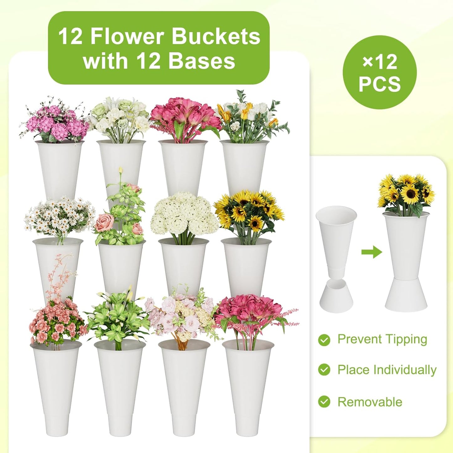 Flower Stand, 3 Tier Flower Display Stand with 12 Buckets, Upgrade Double Circle No Shaking, Outdoor Flower Cart with Wheels for Patio, Garden, Shop, Wedding, Party, Exhibition, Indoor, White