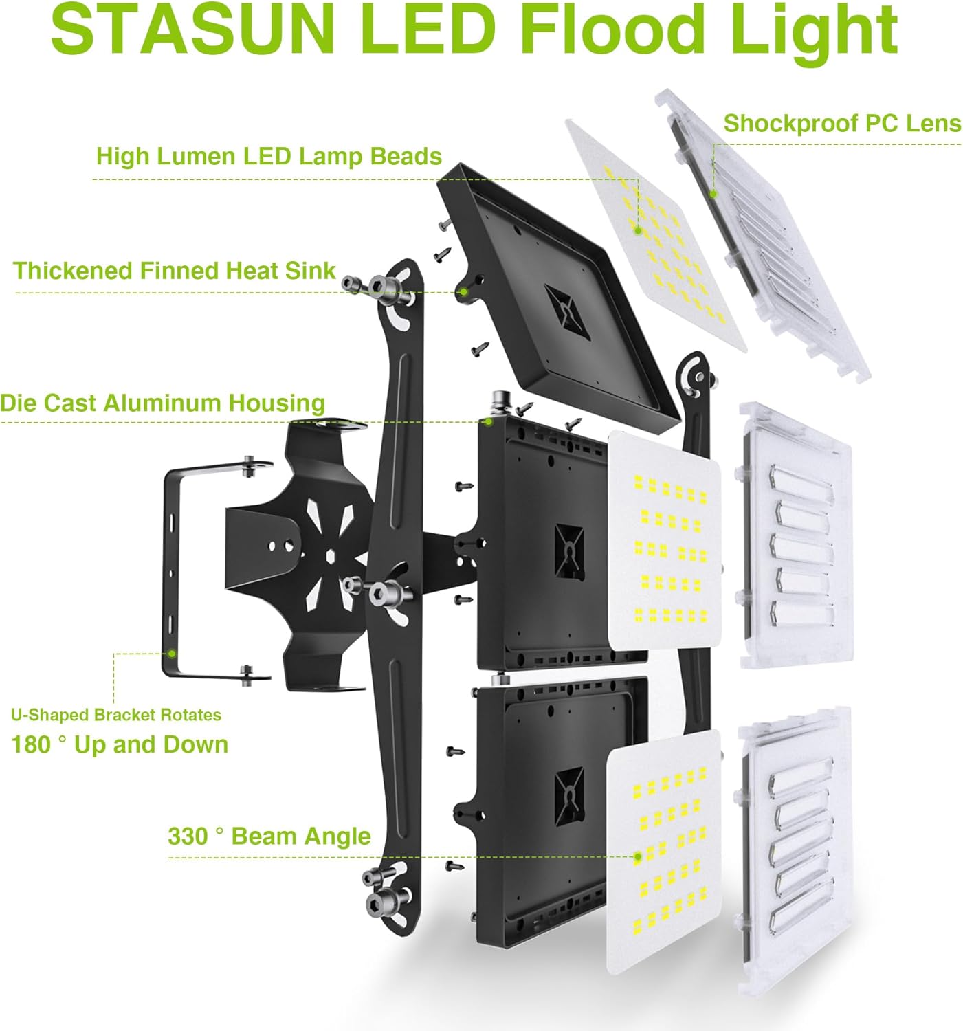 STASUN LED Flood Light Outdoor, 300W 30000lm 3000K Warm White IP66 Waterproof, Commercial Parking Lot Light,3 Heads for Yard Street Stadium House