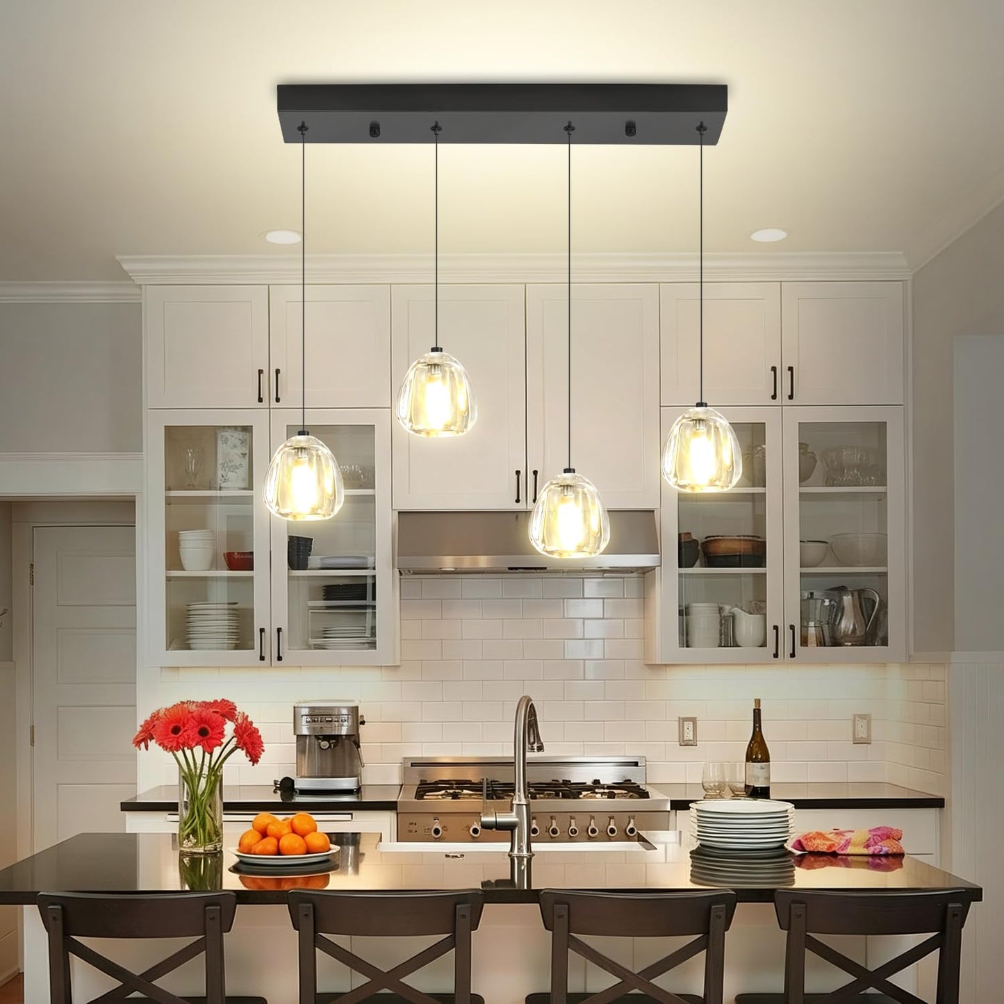 Crystal Kitchen Island Lights,4-Light Black Linear Chandeliers for Dining Room, Kitchen Pendant Lighting Over Island, Rectangular Chandelier for Bedroom Entryway Bathroom R Black Rectangle 4-light