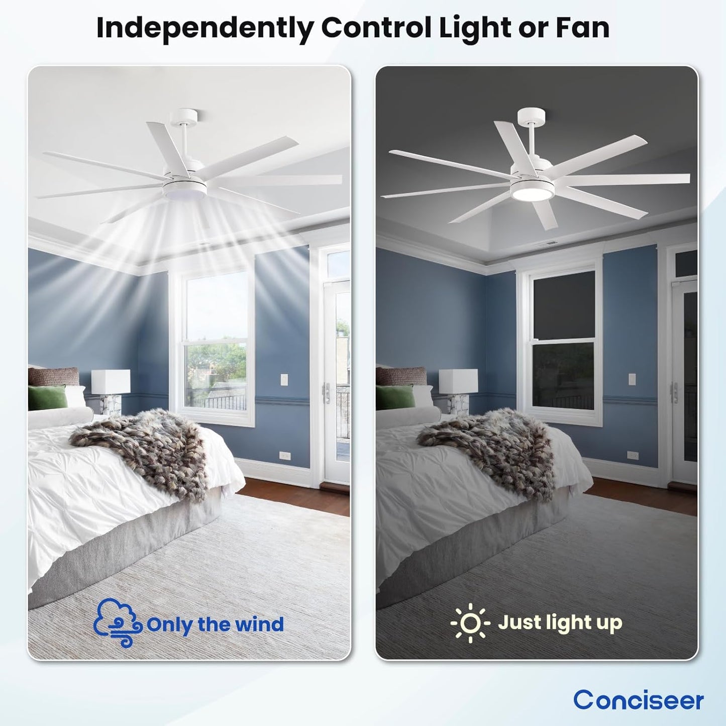 Modern Ceiling Fans with Lights, 65 Inch Ceiling Fans with Remote for Bedroom Living Room Kitchen, 8 Blades 6 Speed Reversible Quiet DC Motor White