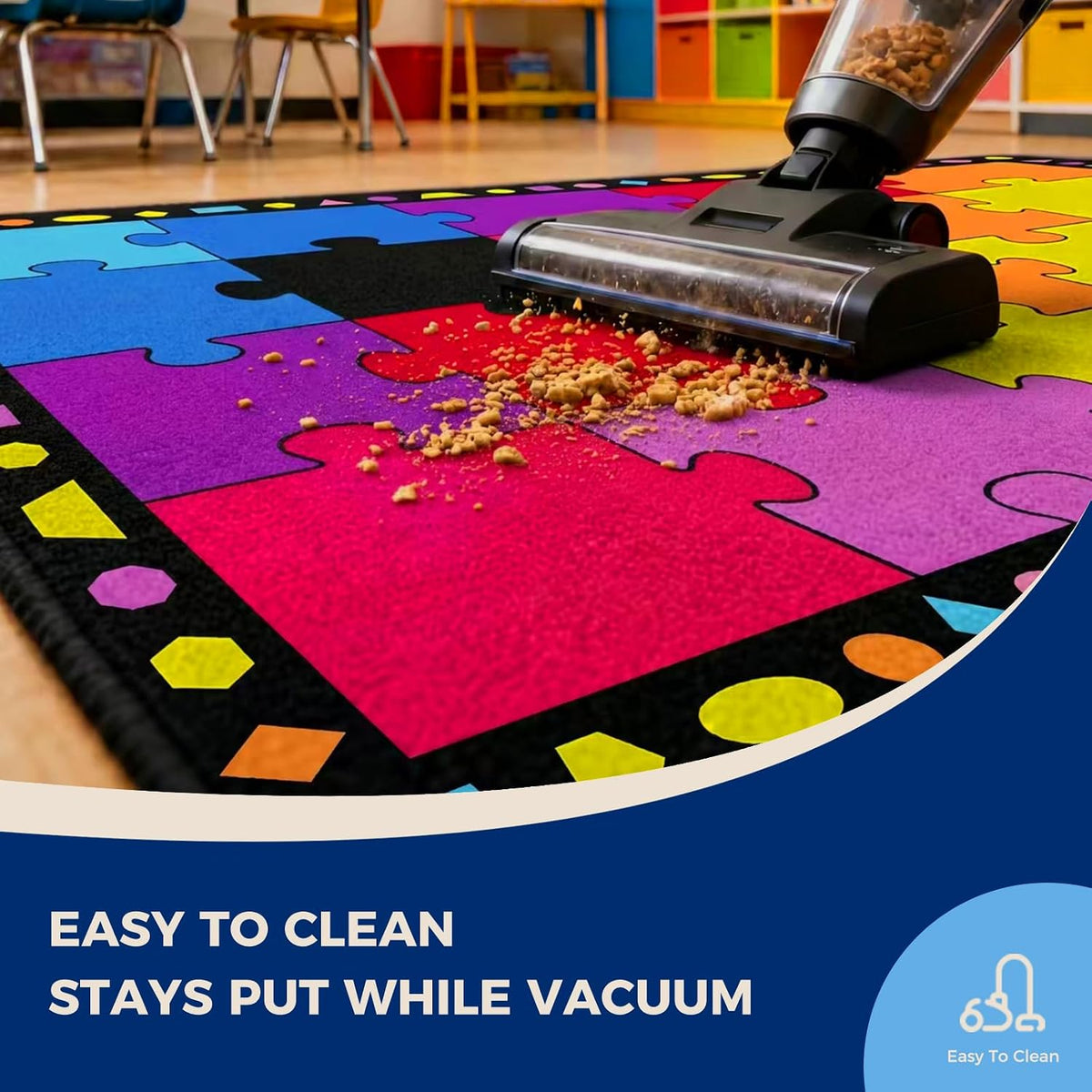 Booooom Jackson Colorful Puzzle Pattern Classroom Rug - 5' x 7'6" Large Carpet with 20 Spots for Preschool, Elementary, Daycare - Non-Slip Backing, Seating Squares for Circle Time & Reading