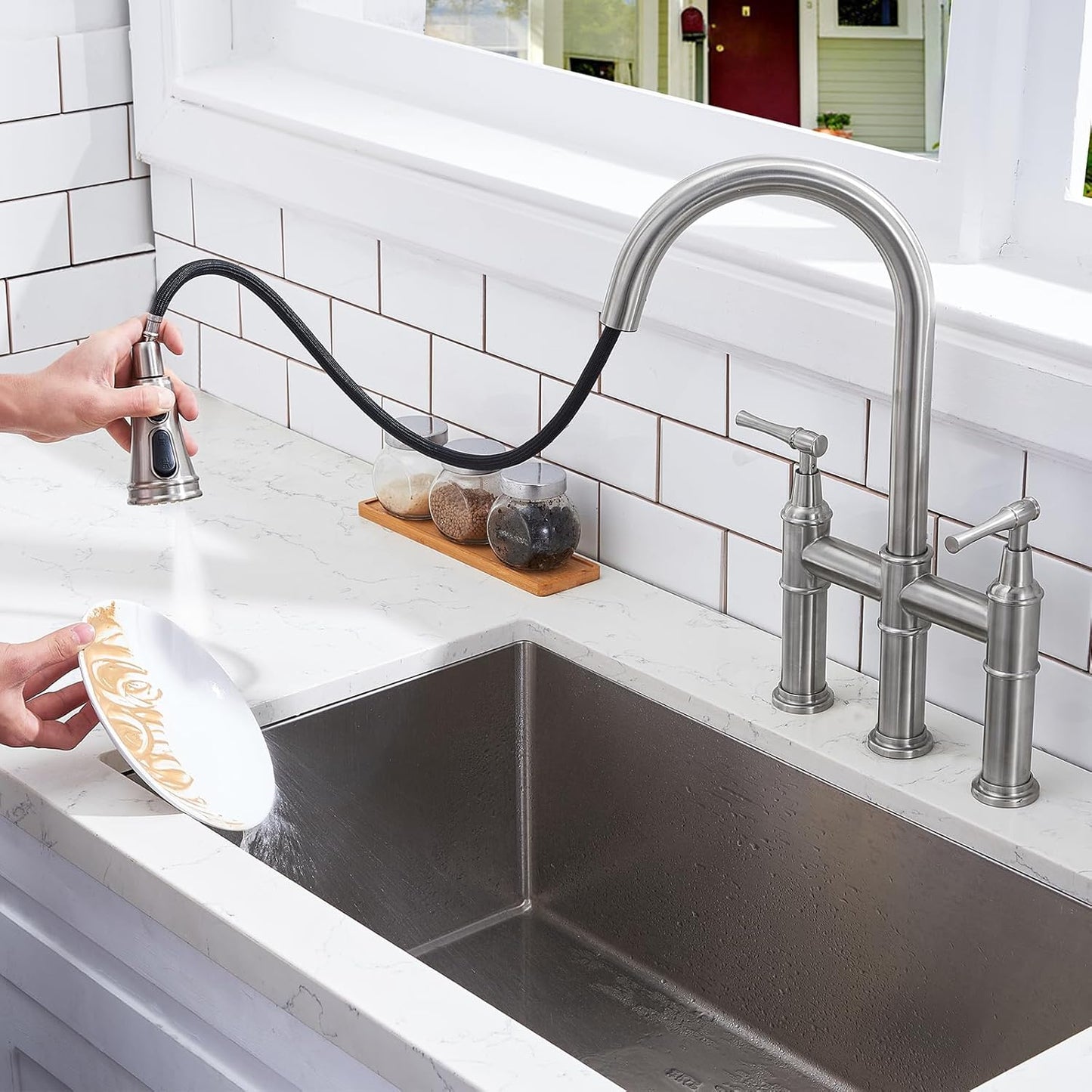 Brushed Nickel 3-Types Water Bridge Kitchen Faucet with Pull-Down Spray-head, 3 Hole Farmhouse Kitchen Sink Faucet