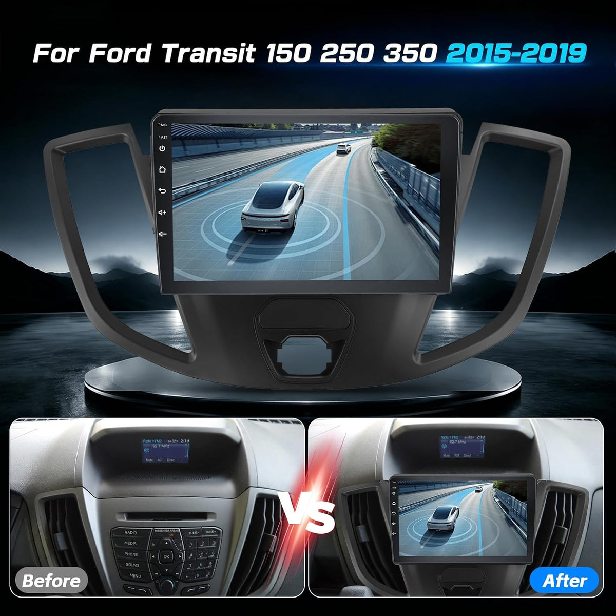 [4G+64G] Car Radio for Ford Transit 150 250 350 2015-2019 | 9 inch Android Touchscreen Stereo with Carplay / Android Auto, GPS, WiFi, Bluetooth, SWC, FM/RDS, EQ, FM/RDS Radio