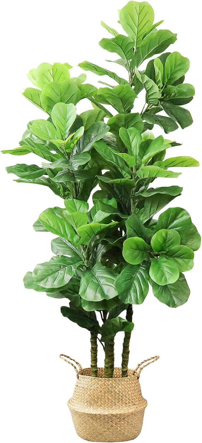 6ft Artificial Tree Indoor with Woven Seagrass Plant Basket, Artificial Fiddle Leaf Fig Tree Fake Tree Faux Plant Indoor