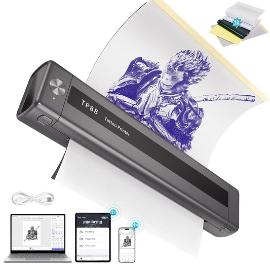 Tattoo Printer Machine,Wireless Tattoo Stencil Printer TP88 (Upgraded), Thermal Printer Tattoo with 10pcs Transfer Paper, Bluetooth Tattoo Stencil