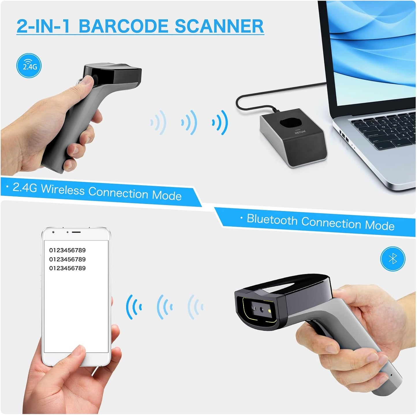 Bluetooth Wireless 2D Barcode Scanner, Hands Free QR Barcode Reader-DS7500 | with Charging Cradle and Built-in Memory, Automatic Fast and Precise scanning, Transfers Up to 100 Meters (2D-Gray)