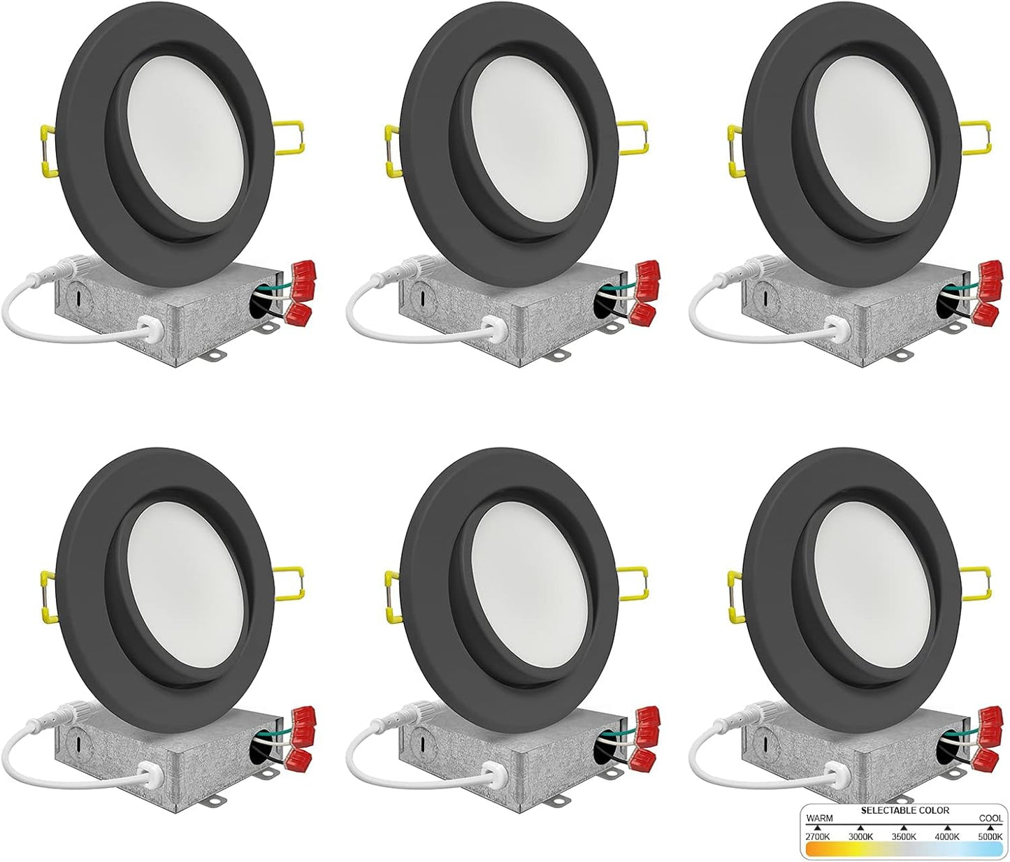 NUWATT | 6 Pack | 4 Inch Gimbal Ultra-Thin LED Recessed Light, 2700K/3000K/3500K/4000K/5000K Selectable, 630 Lumen Dimmable, Black Trim Adjustable