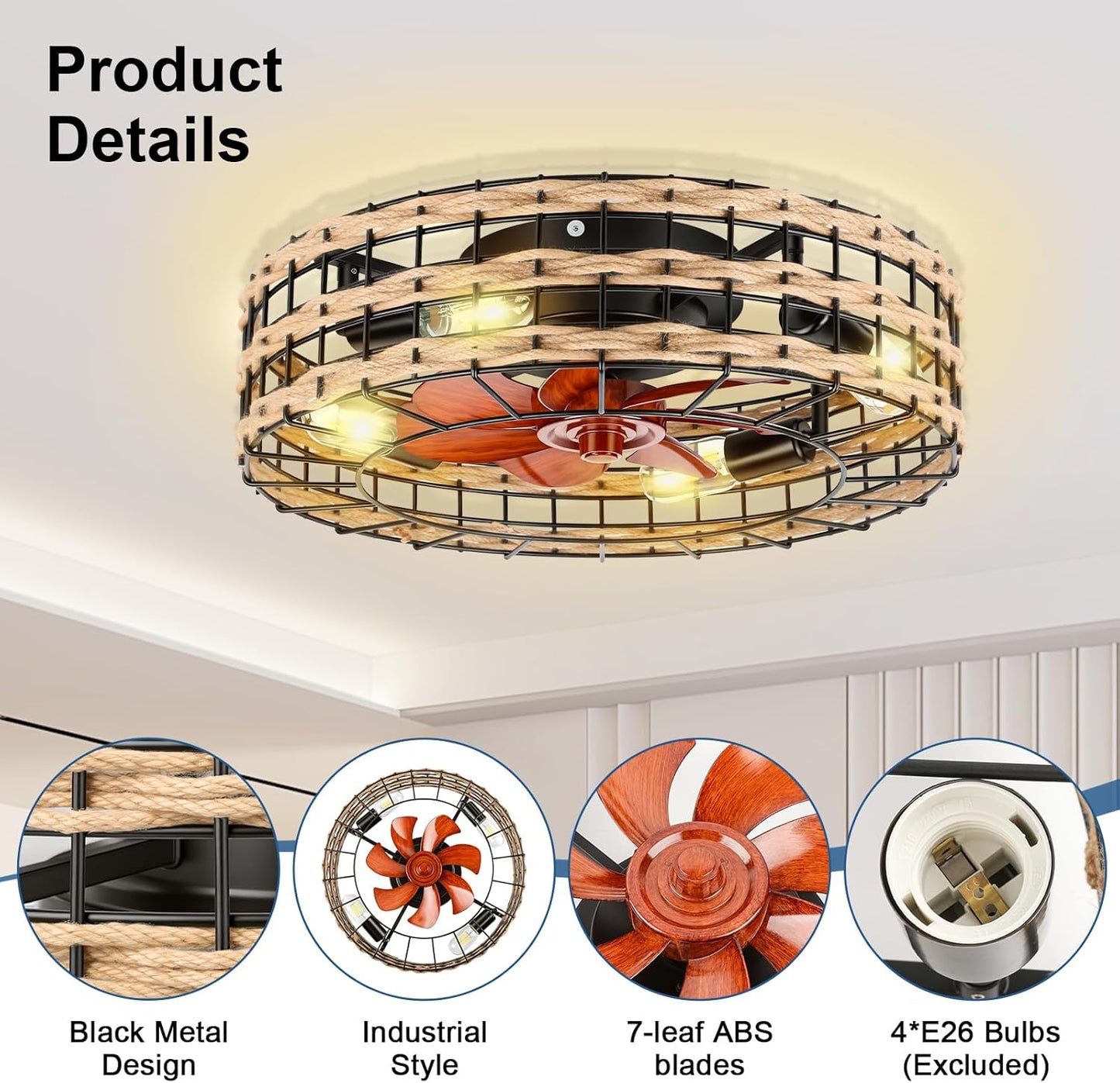 Low Profile Flush Mount Fandelier, Caged Ceiling Fan with Remote, Black Bladeless Enclosed Small Ceiling Fan Lights Fixtures for Bedroom Farmhouse (Rattan)