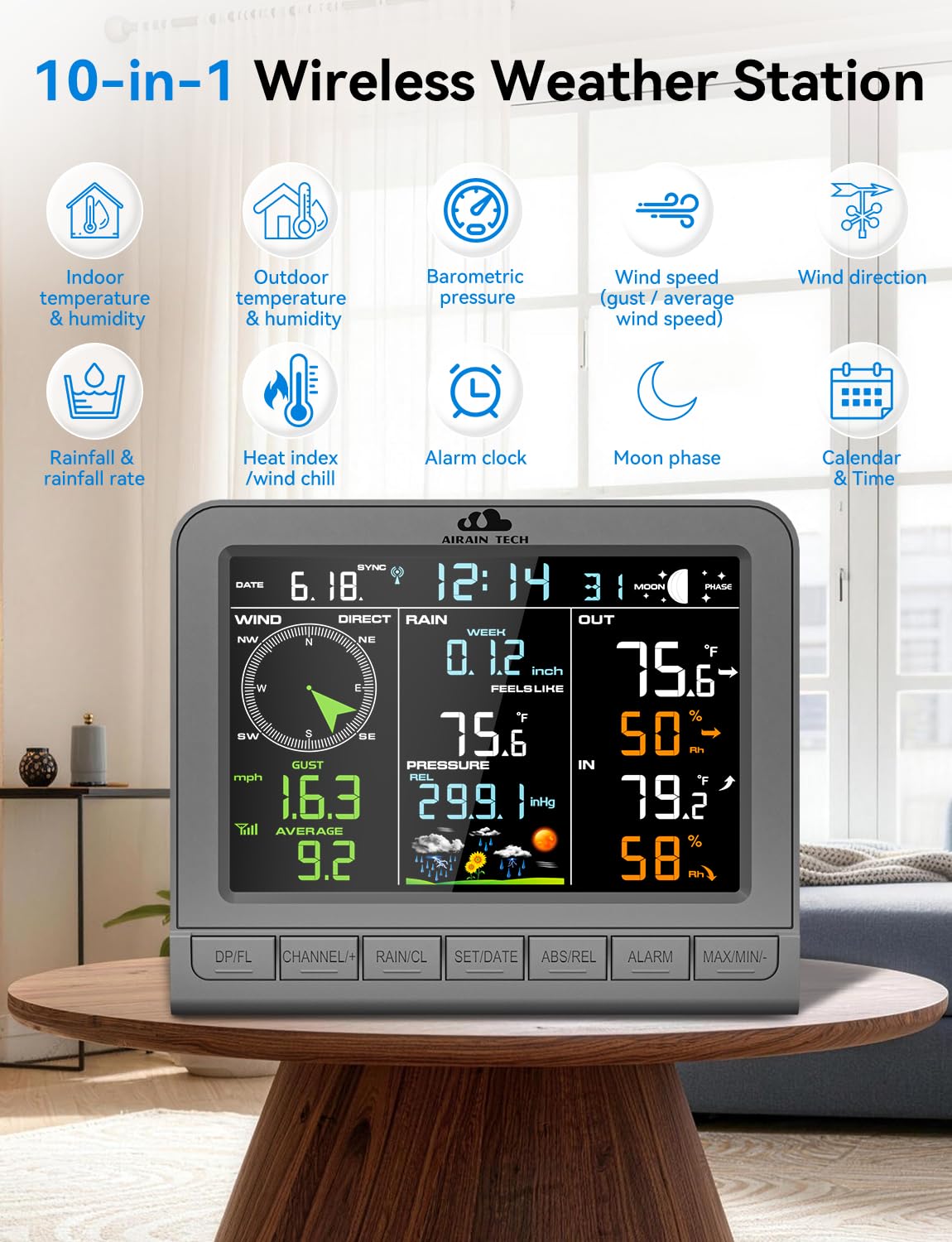 Wireless Weather Station,Featuring a rain Gauge,Wind Speed/Wind Direction, Indoor Temperature/Humidity,barometric Pressure,Alarm Clock, Moon Phase,Weather Forecast, etc. (No WiFi).