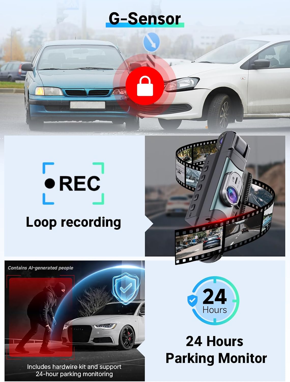 64GB 4 Channel Dash Cam 360° View, Car Dash Cam Front and Back 3.0 Inches Y-DC315, with Hardwire Kit