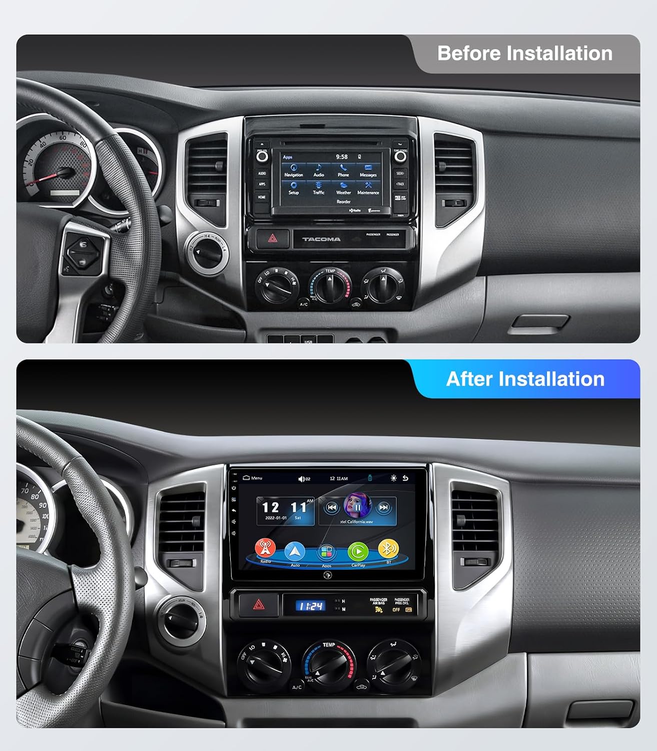 9 inch Car Stereo Dash Kit Replacement for Toyota Tacoma Radio Upgrade 2005-2011, Linux Touch Screen Head Unit w/Wired Wireless CarPlay Andriod Auto Navigation FM/AM