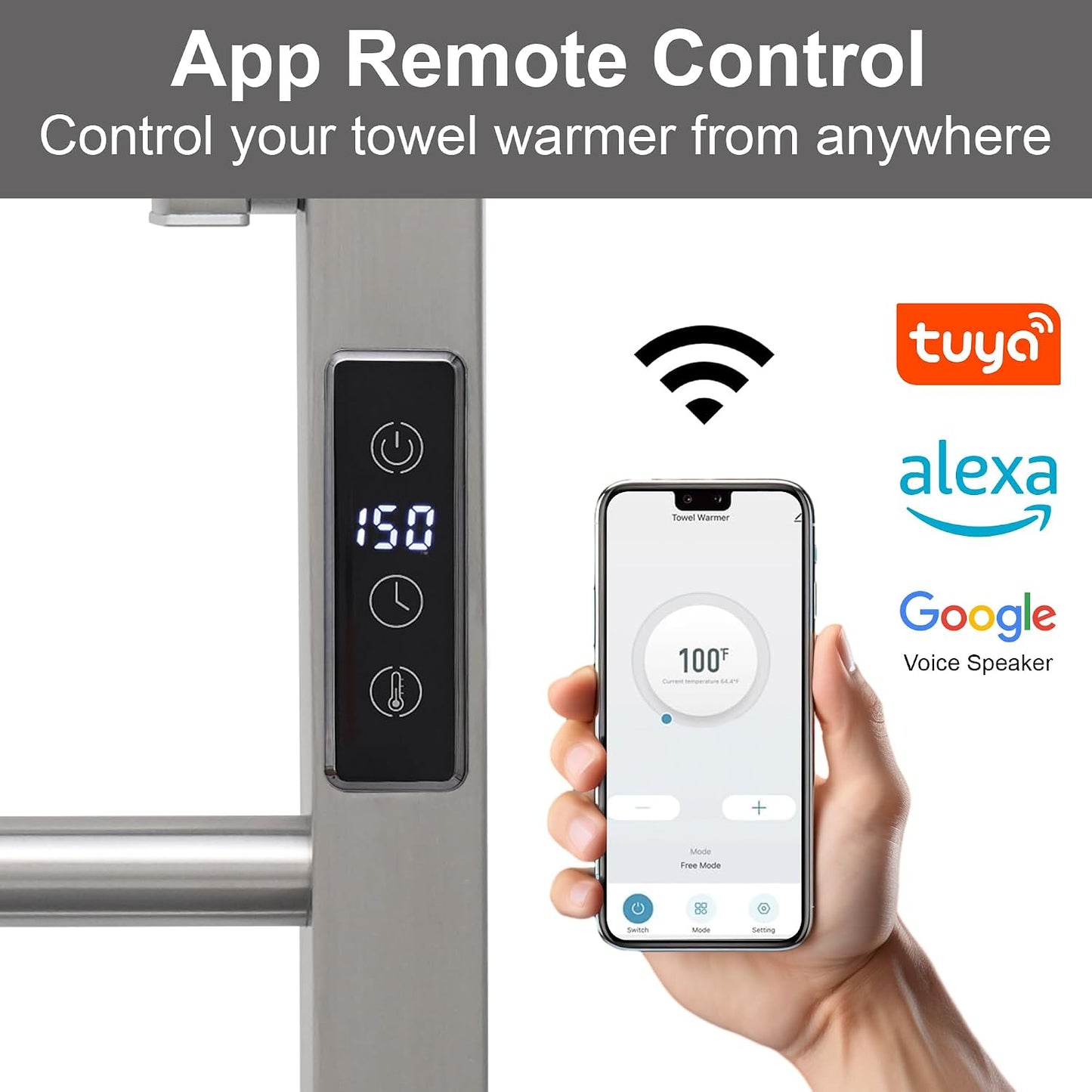 Heated Towel Warmer Rack Electric Bathroom with Voice Control Alexa & Google Home,TUYA Wall-Mounted,Stainless Steel,31.5x19.69x11.61in,Foldable Storage,Plug-in,Brushed,10 Bars 10 Bar Brushed With Wifi & Shelf