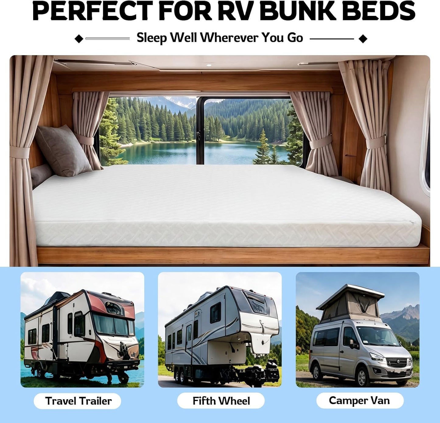 RV Corner Bunk Mattress, 4" Thick Memory Foam, Reversible Dual Comfort Design, Breathable Removable Cover, 51" W x 74" L with 22" Diagonal Corner Cut, for Campers & Trailers