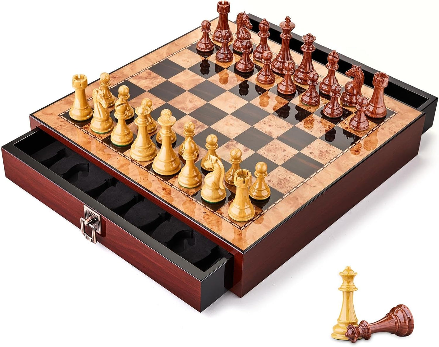 17 inches Wooden Chess Set with High Polymer Weighted Chess Pieces / 2 Built-in Storage Drawers / 2 Extra Que