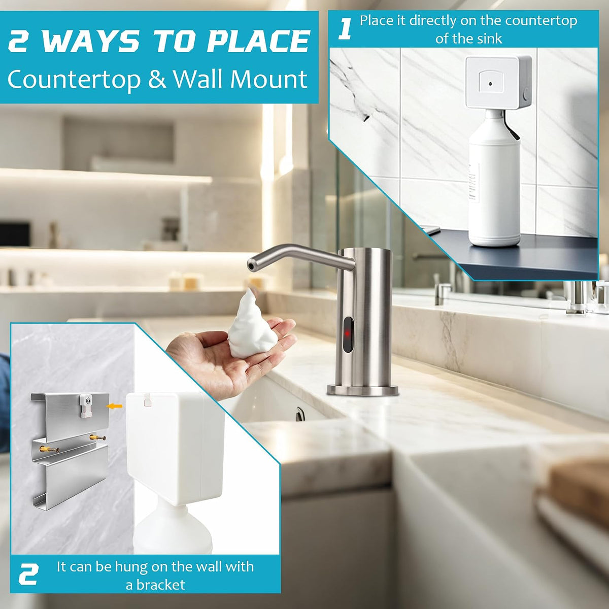 Automatic Soap Dispenser Touchless, USB Rechargeable 1000ml Electric Soap Dispenser, IPX5 Waterproof Smart Sensor Hand Soap Dispenser for Bathroom Kitchen Sink with Bottle and Pump Brass