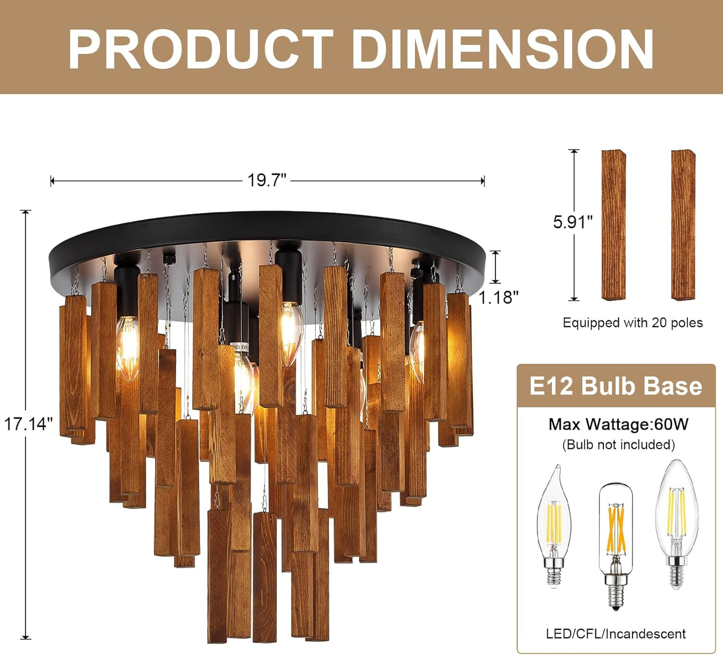 brfaixla Farmhouse Wooden Ceiling Light Fixture 9-Light 19.7'' Rustic Wood Ceiling Chandelier with 9*E12 Lamp Socket for Kitchen Living Dining Room