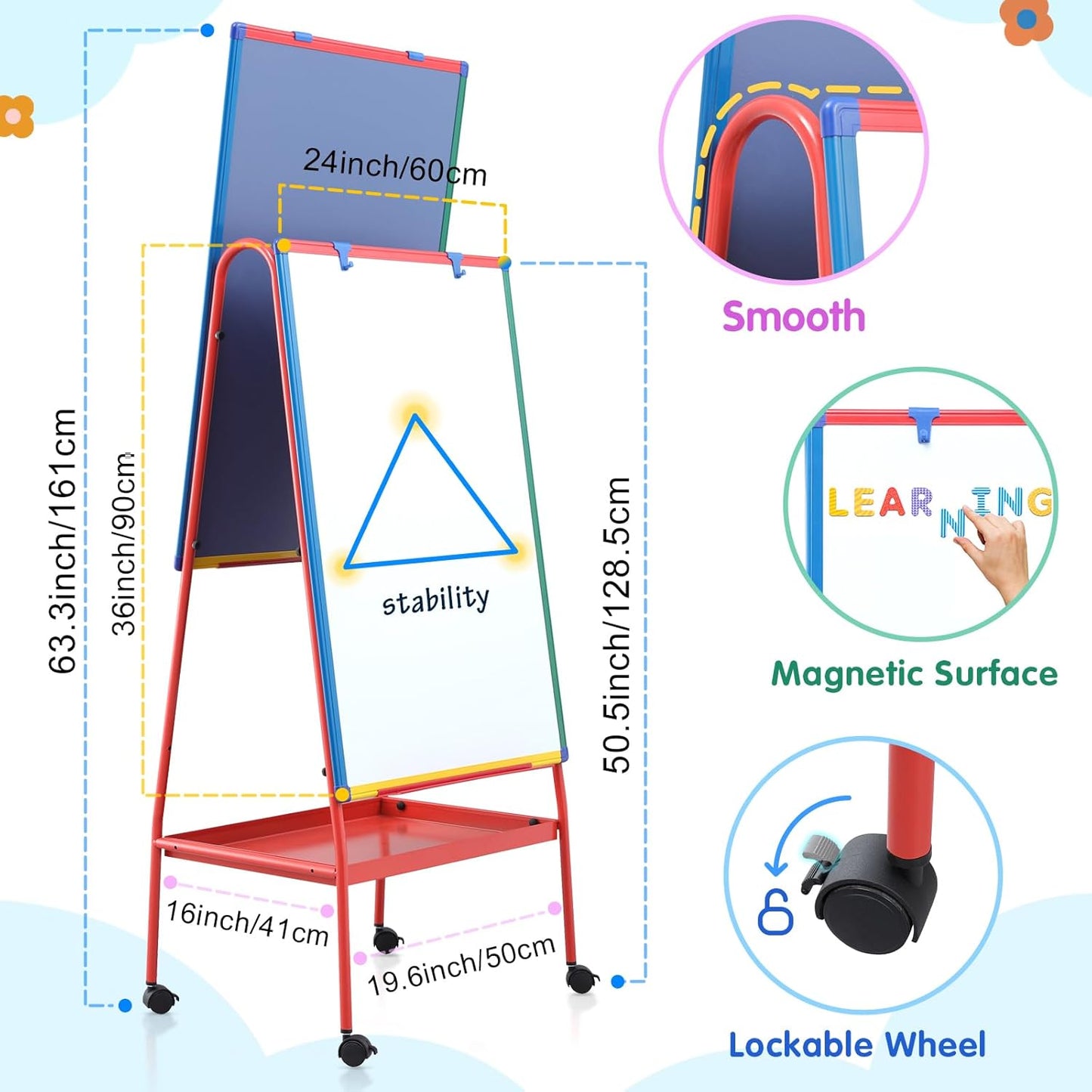 Mobile Dry Erase Board with Stand - 64.4&#34; H Double Sided Portable Whiteboard Kids Easel for Classroom,Height Adjustable Magnetic White Board on