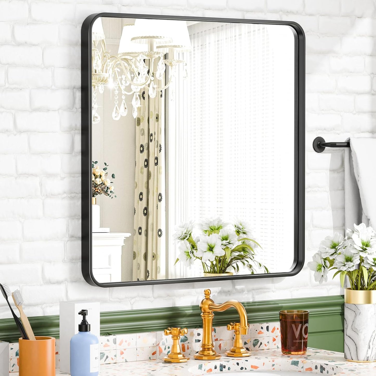 Bathroom Mirror 20x30 inch, Black Metal Deep Frame Wall Mirror, Modern Round Corner Rectangular Bathroom Vanity Mirror