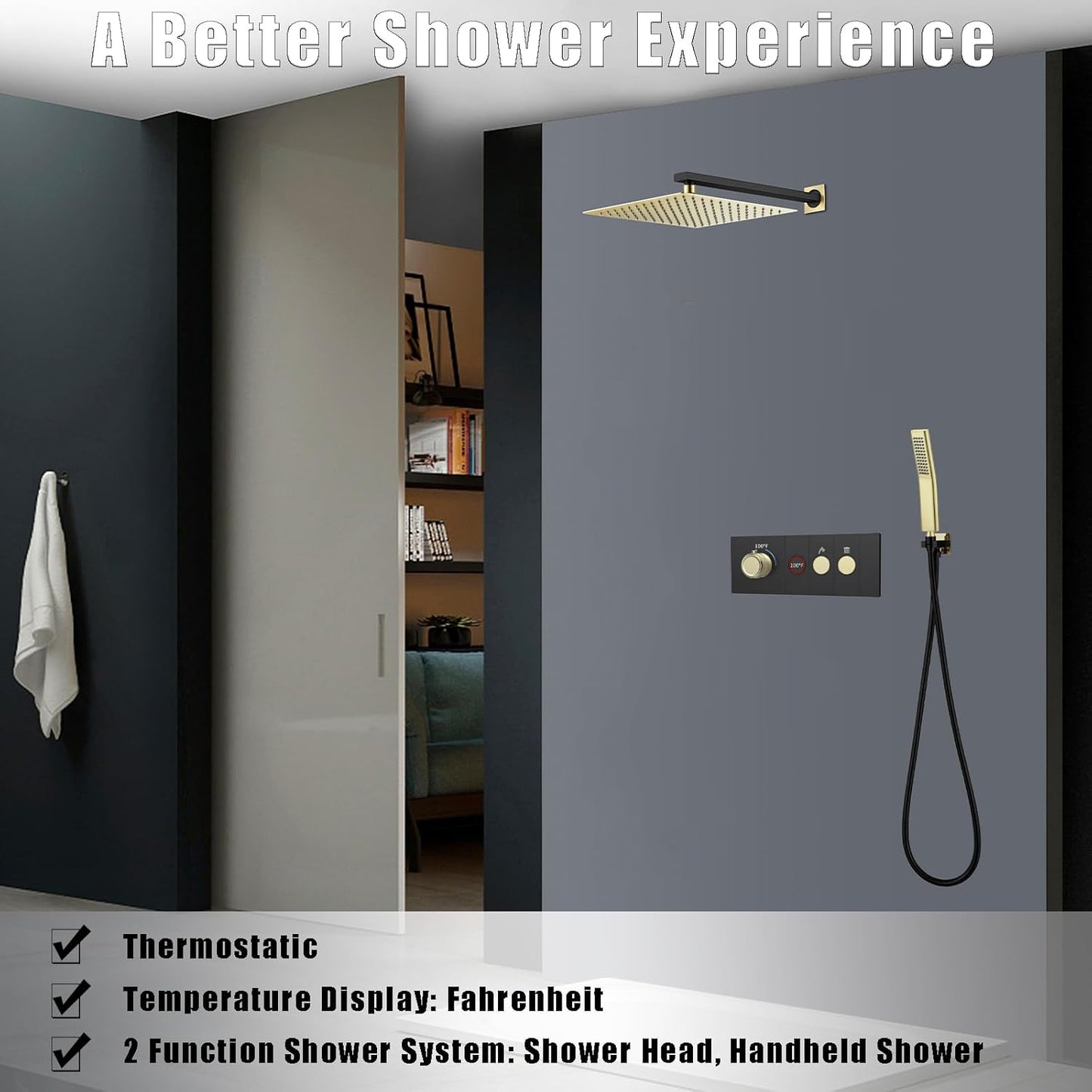 Shower Faucet Set Black and Brushed Gold Shower System Digital Display Rainfall Shower System Thermostatic Shower Complete Combo Set with 10 Inch