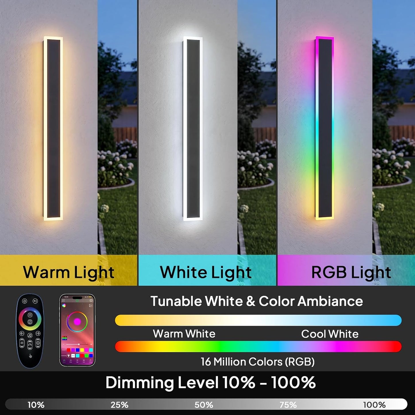 2 Pack 23.6in Modern RGB Outdoor Wall Lights, RGB/Warm/White & Dimmable, IP65 Waterproof, LED Exterior Lighting Fixtures, Linear Outdoor Wall Sconce with Remote and APP Control for Garage, Porch 23.6 in