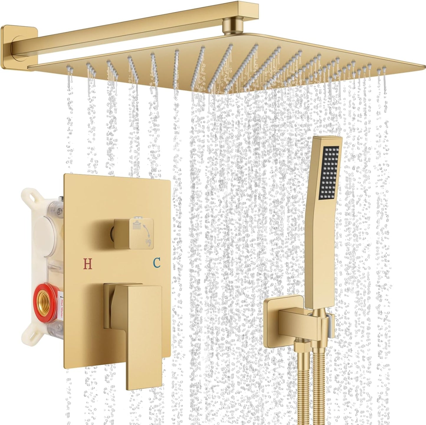 Baetuy Shower Faucet Set, 16 Inch Rainfall Shower System With full metal hand shower and square fixed shower Wall Mounted Shower Fixtures Paint Gold