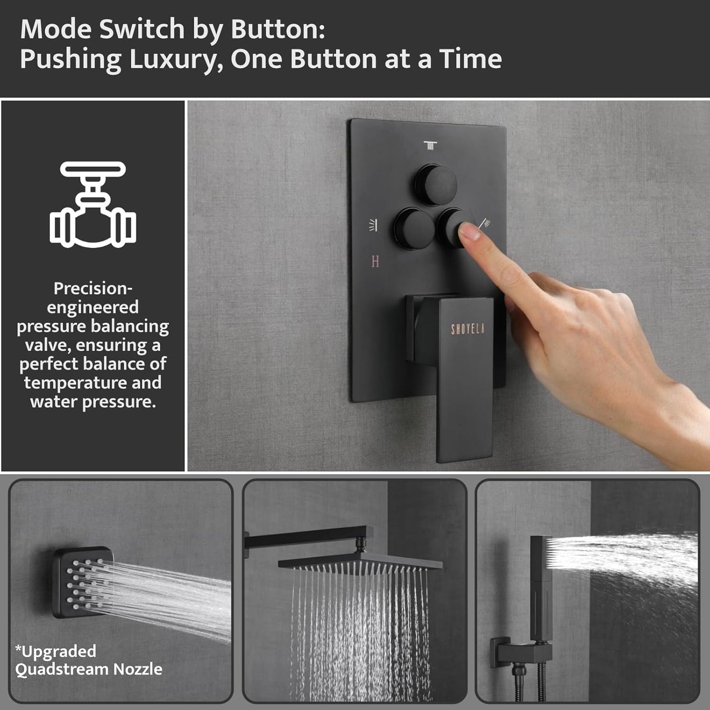 SHOYELA Shower System Matte Black Wall Mount Shower Faucet Set with 4PCS Body Jets, Push Button Diverter Shower Fixtures with 2 in 1 Handheld,10 Inch