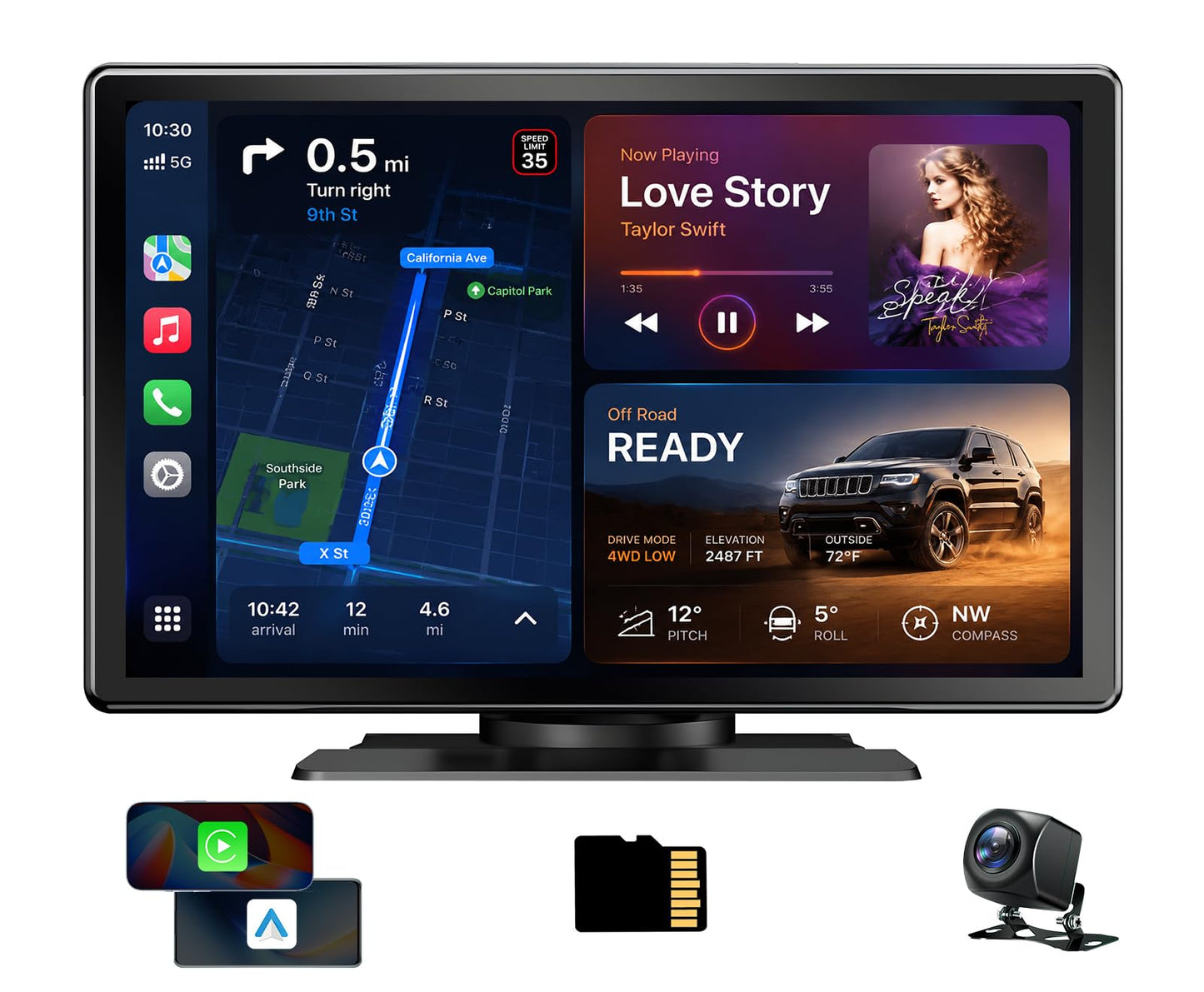 Wireless CarPlay Screen for Car, 9" Touchscreen Car Stereo, 64GB SD 4K Dash Cam, Apple CarPlay & Android Auto Mirror Link, 1080P Backup Camera, GPS Navigation, Bluetooth Voice Control, Loop Recording