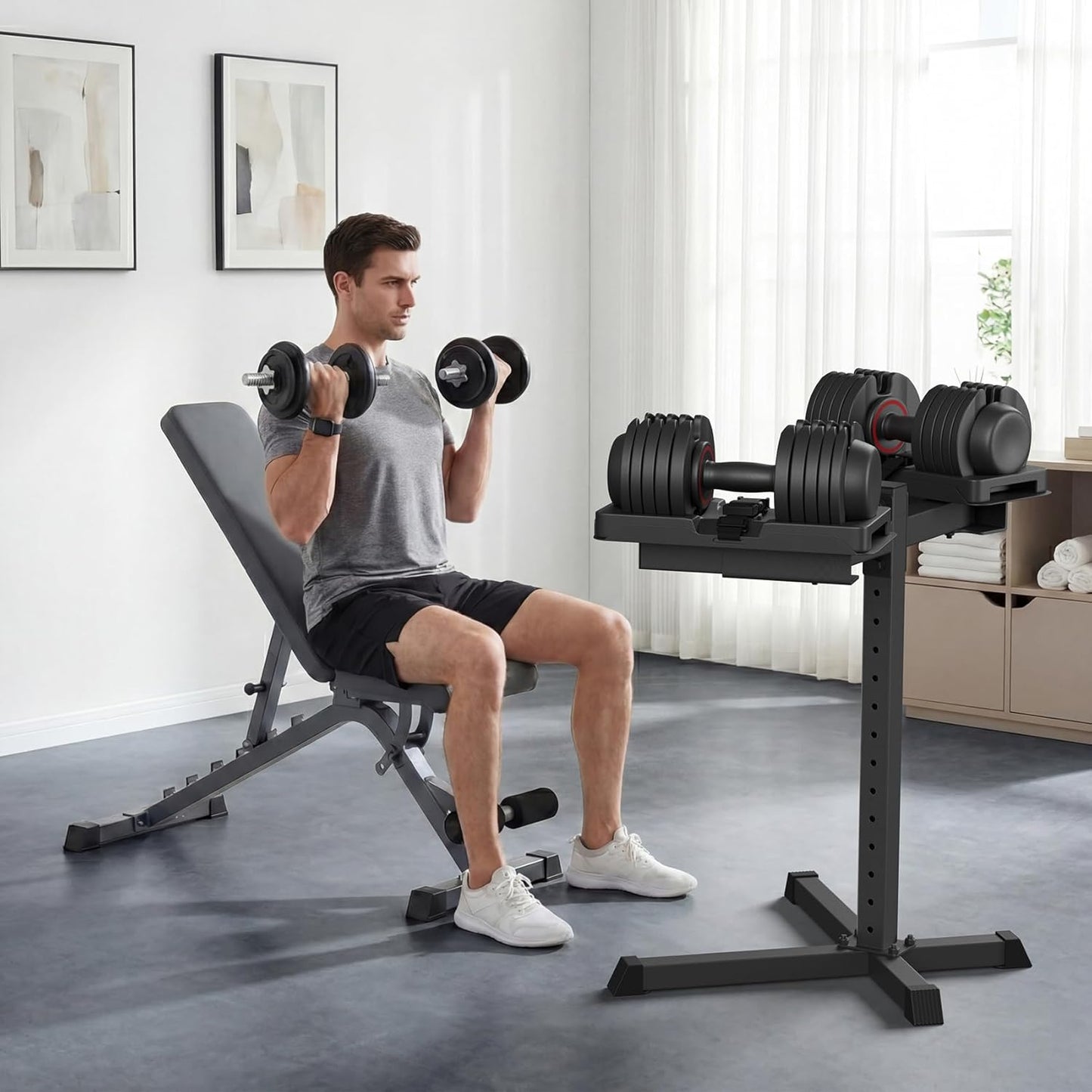 Adjustable Dumbbell Stand, 35" Height Adjustable Dumbbell Rack, 300LBS Capacity Home Gym Storage Rack with 90°Rotating Platform（Rack Only）