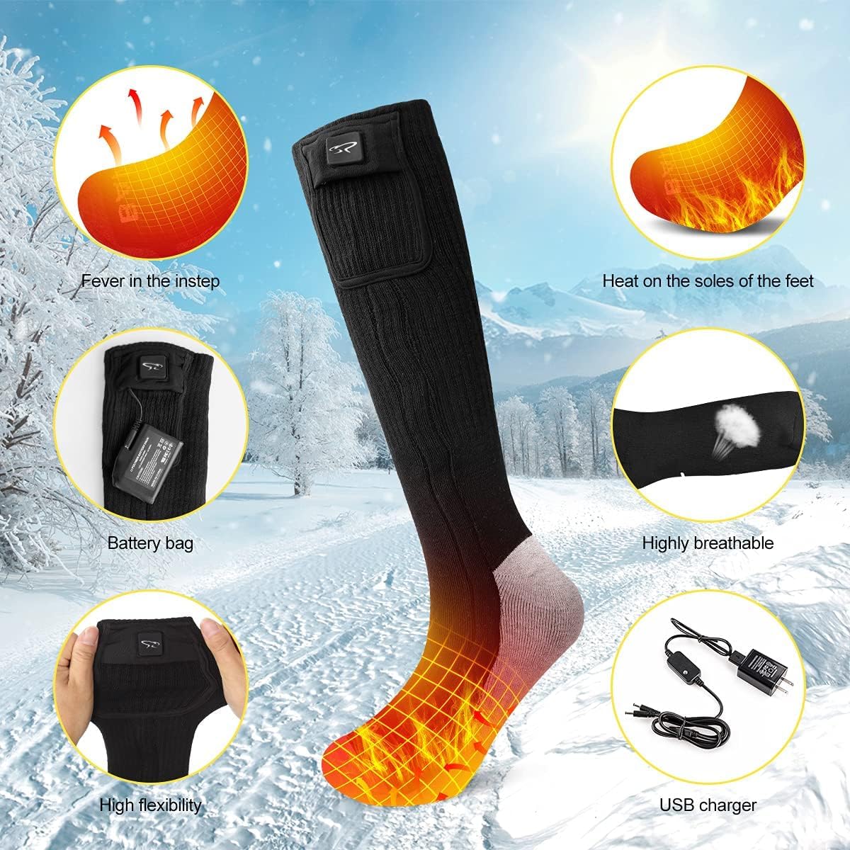 Sun Will Heated Socks for Men Women, 3 Heat Settings, USB Rechargeable