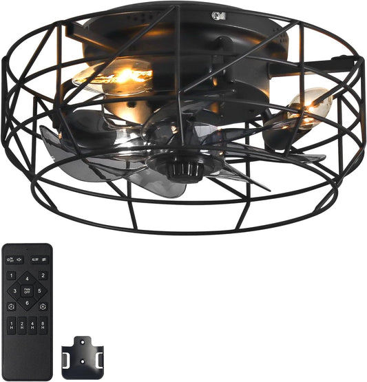 12.5' Caged Ceiling Fans with Lights and Remote, Flush Mount Bladeless Ceiling Fan Low Profile, Small Farmhouse