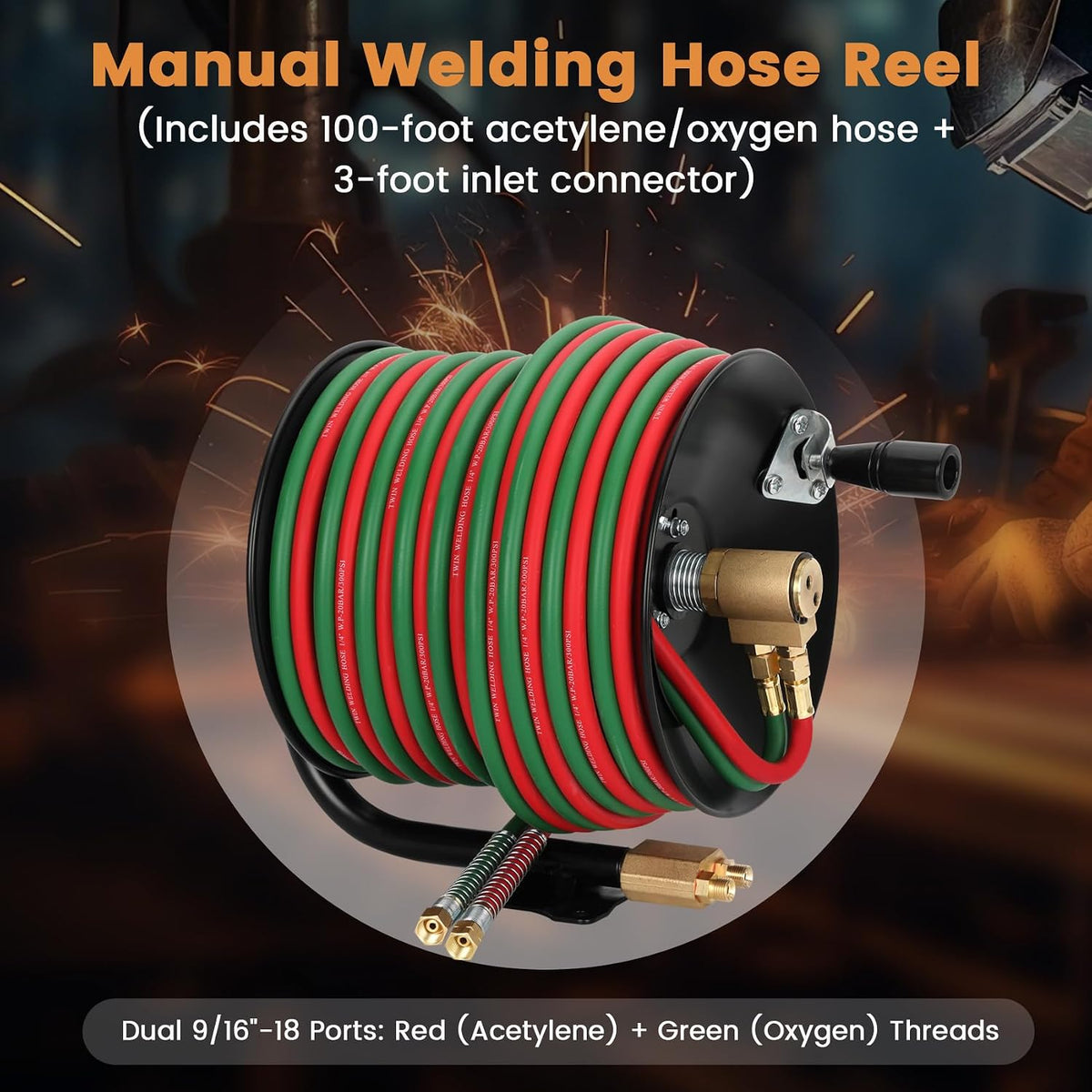 Manual Twin Welding Hose Reel Set, 1/4" ID 100ft Oxygen Acetylene Hose (Max 300 PSI, Grade T), Includes 3ft Lead-in Hose & 9/16"-18 B Fittings, Heavy Duty Steel Mount for Wall/Ceiling/Cart