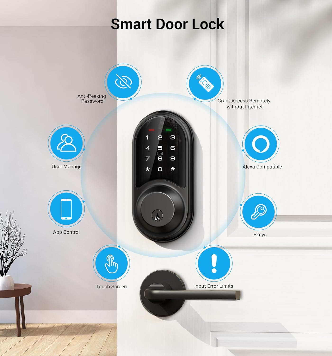 Smart Lock, Keyless Entry Door Lock, Smart Locks for Front Door with App Control, Electronic Digital Auto Lock with Touchscreen Keypad Set, Smart