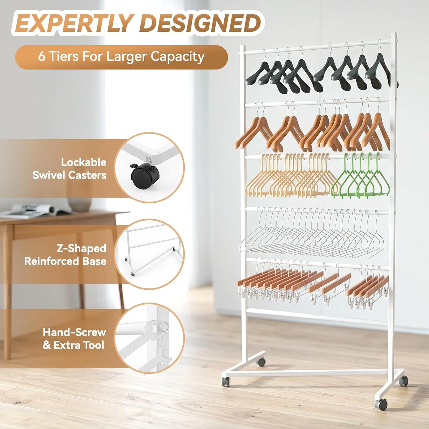 6 Tier Z-Truck Clothing Hanger Storage System, Efficiently Organize Standard Hangers, Skirt and Pant Hangers; Mobile Rack for malls, boutiques, Laundry Rooms; White, 61 x 30 x 15 in.
