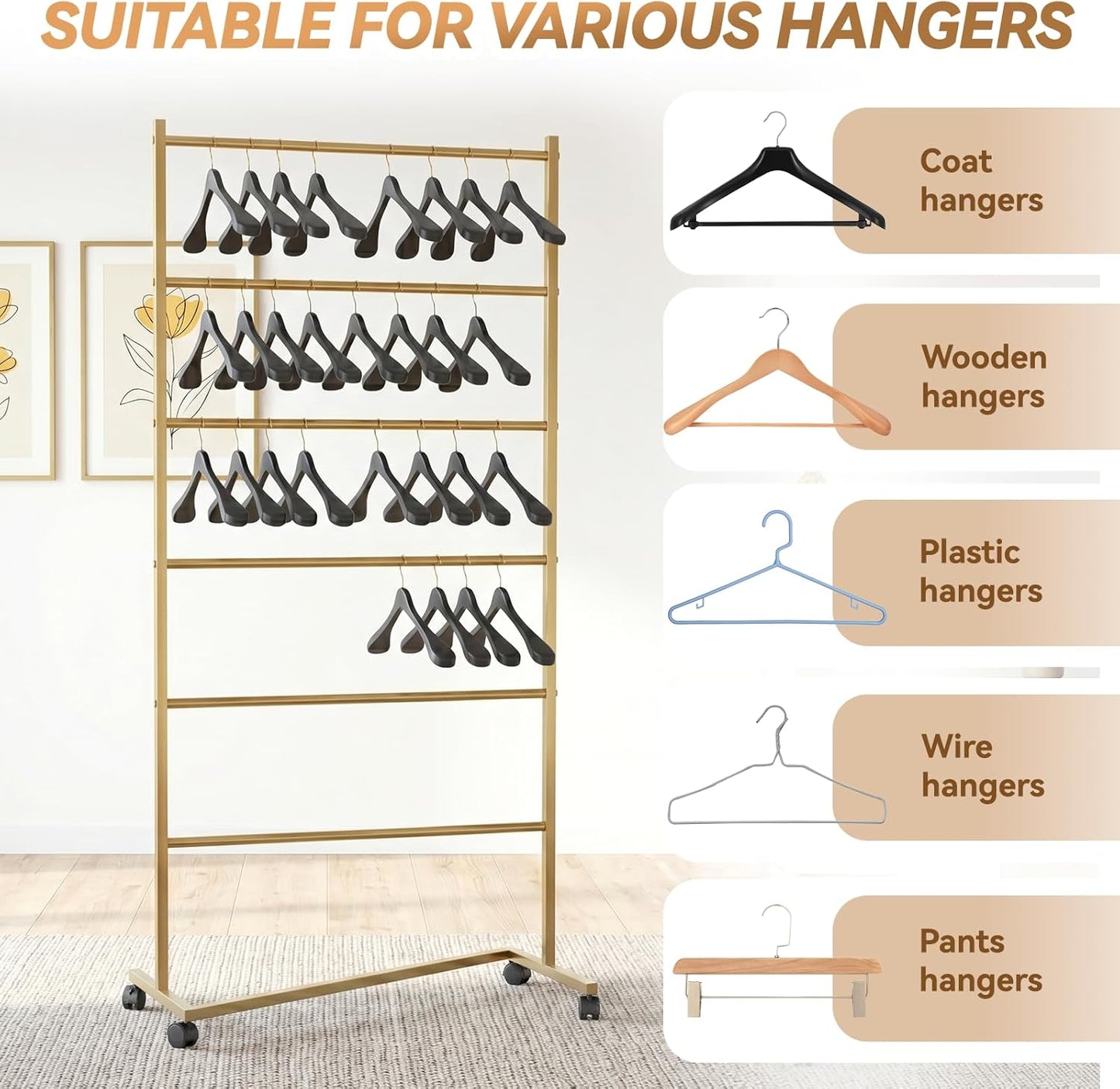 6 Tier Z-Truck Clothing Hanger Storage System, Efficiently Organize Standard Hangers, Skirt and Pant Hangers; Mobile Rack for malls, boutiques, Laundry Rooms; Gold, 61 x 30 x 15 in. Yellow